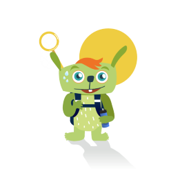 The green fantasy creature Lilu is standing with a backpack and a butterfly net. He is sweating. In the background, the sun is shining.