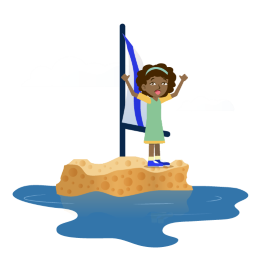 The girl Alina is standing on a boat that is made out of a sponge. The boat has a blue and white sail.