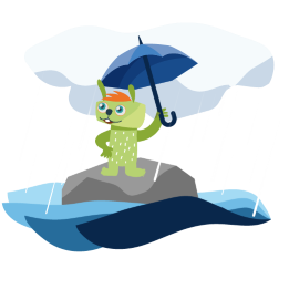 The green fantasy creature Lilu is standing on a rock, surrounded by water. He has a blue umbrella in his hand.