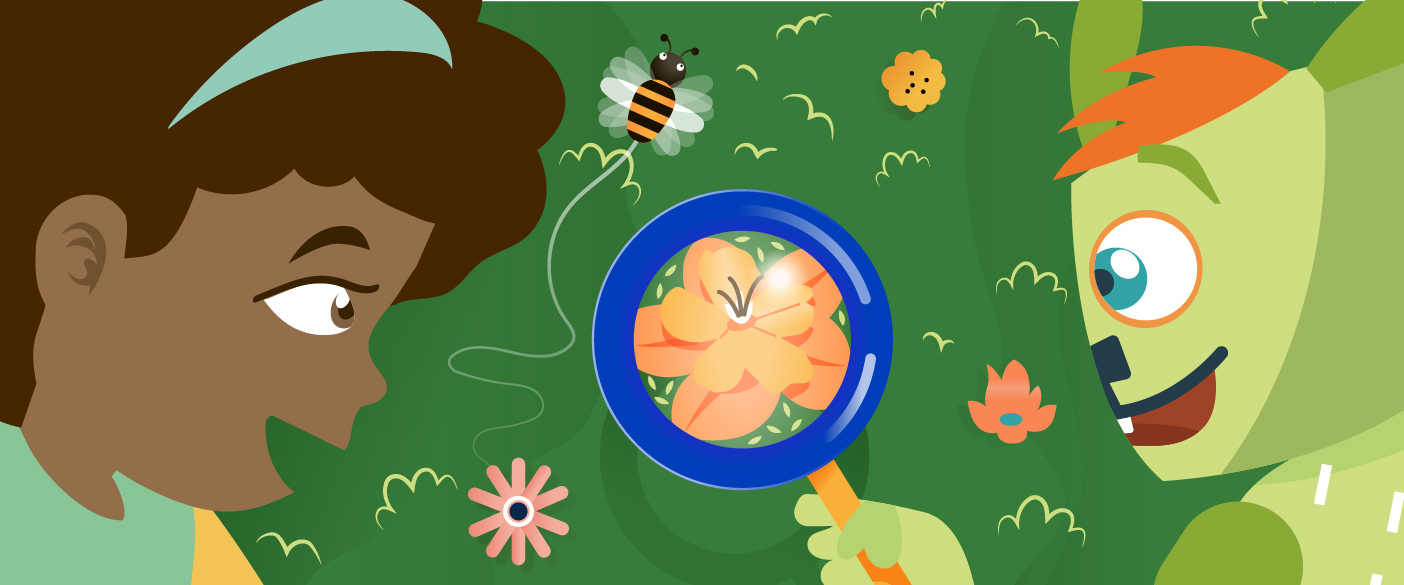 The girl Alina and the fantasy creature Lilu are looking at plants. Lilu has a magnifying glass, through which we can see a flower. A bee is flying over the plants.