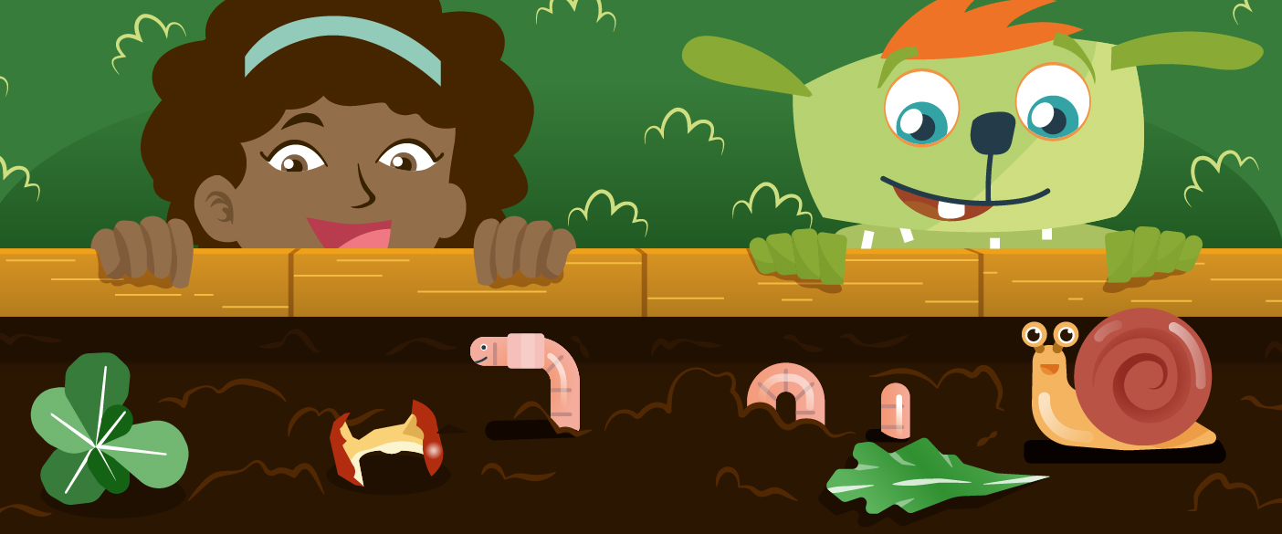 The girl Alina and the fantasy creature Lilu are looking at a pile of compost. They see leaves, scraps from an apple, a worm and a snail.