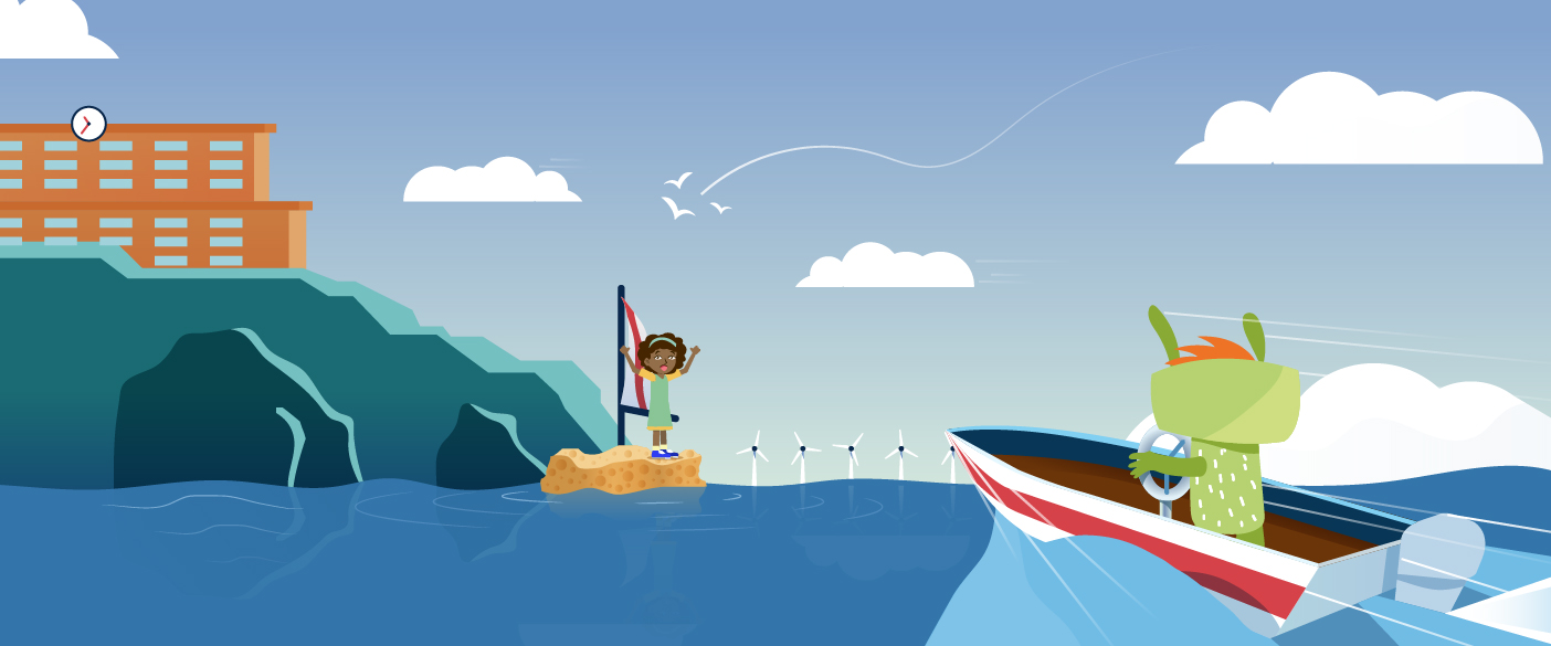 The girl Alina and the fantasy creature Lilu are on the water. Lilu is driving a motor boat, while Alina is standing on a boat made from a sponge. In the background, there is land and a building, which is a school.