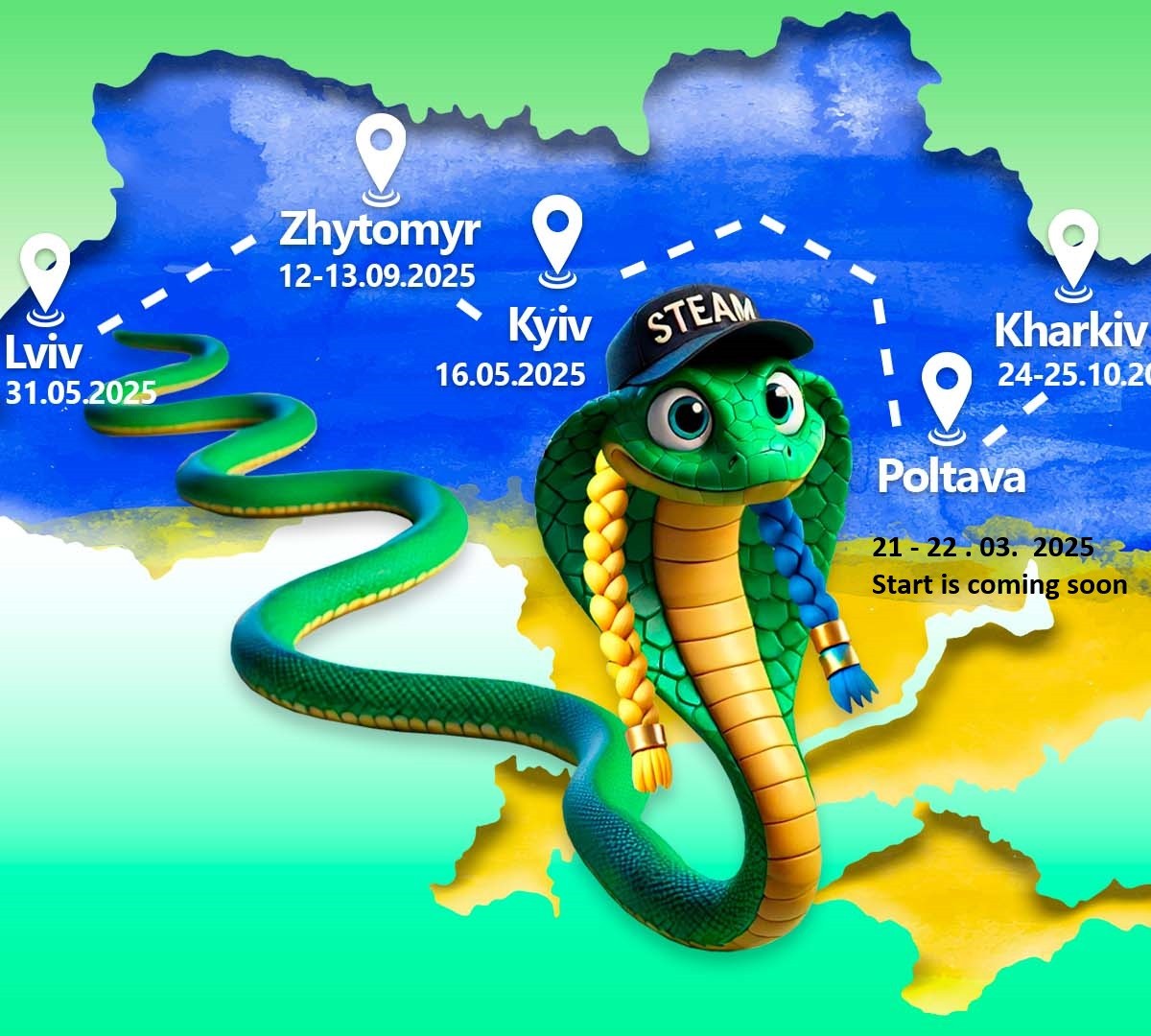 A cartoon-style snake with a hat saying "STEAM" in front of the map of Ukraine