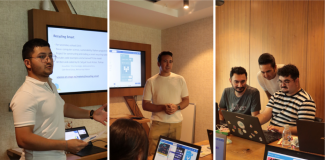 Presenters next to a monitor and in a discussion with workshop participants